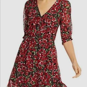 $695 The Kooples Women Red V-Neck Floral Metallic Dot Button Fit & Flare Dress 1